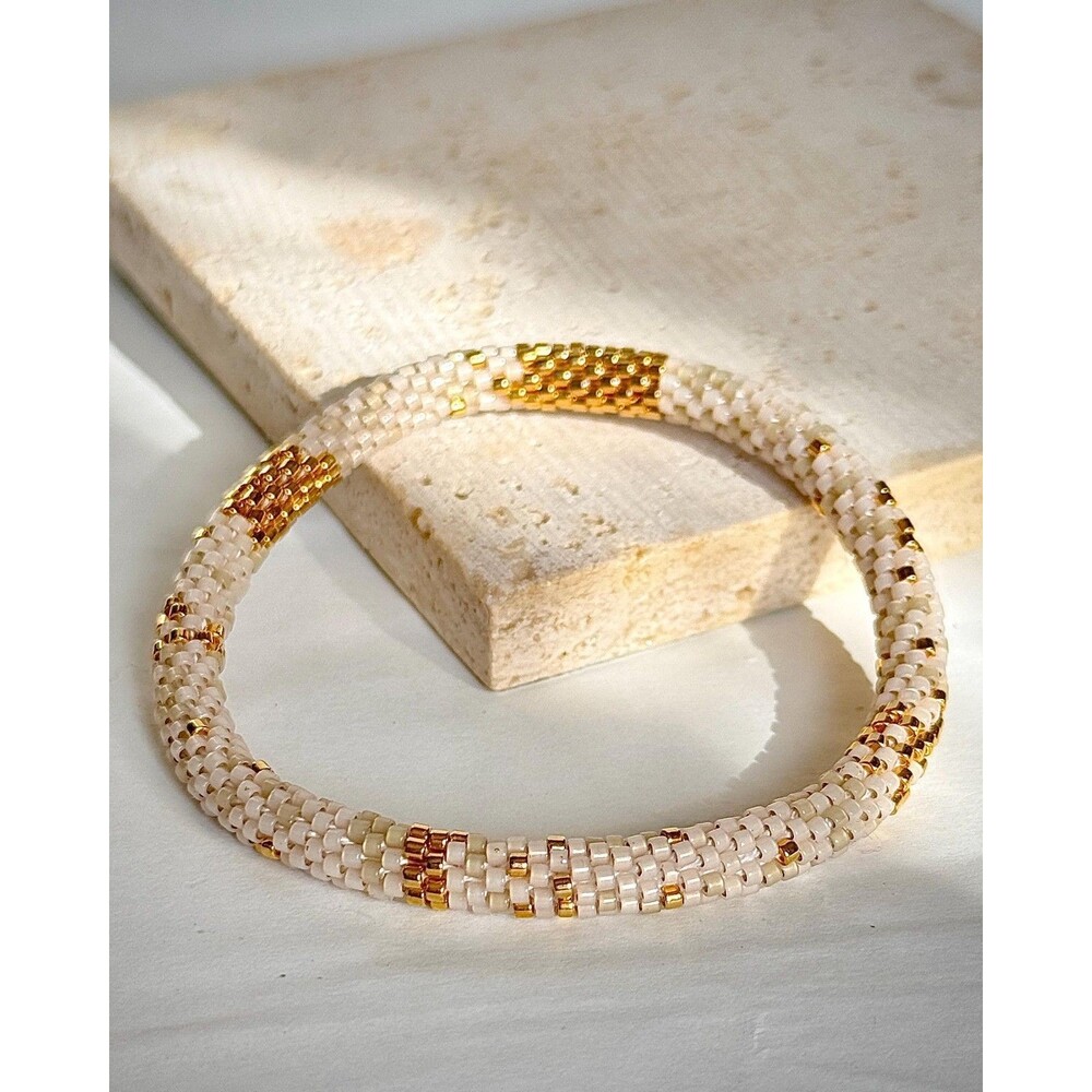 Handmade Miyuki Delica Bead Bracelet White 24k Gold Crochet Rope Artisan Gift
